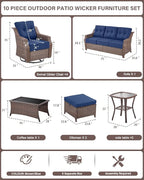 10 Piece High Back Outdoor Patio Furniture Set - Patio Conversation Set with Swivel Rocker Outdoor Chairs Set of 4 and 3 Seater Sofa, Wicker Ottoman and Coffee Table for Garden Backyard