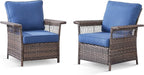 Wicker Outdoor Chairs Set of 2 - Hollow Widen Armrests Patio Furniture Set with Comfortable Thickened Cushion, High Back Outdoor Rattan Chairs for Balcony Porch Deck and Yard - Brown/Blue