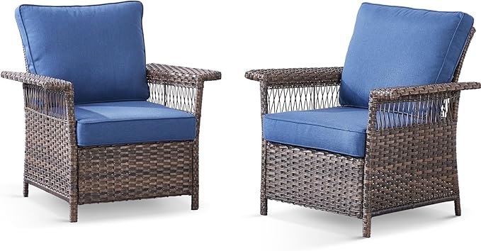Wicker Outdoor Chairs Set of 2 - Hollow Widen Armrests Patio Furniture Set with Comfortable Thickened Cushion, High Back Outdoor Rattan Chairs for Balcony Porch Deck and Yard - Brown/Blue