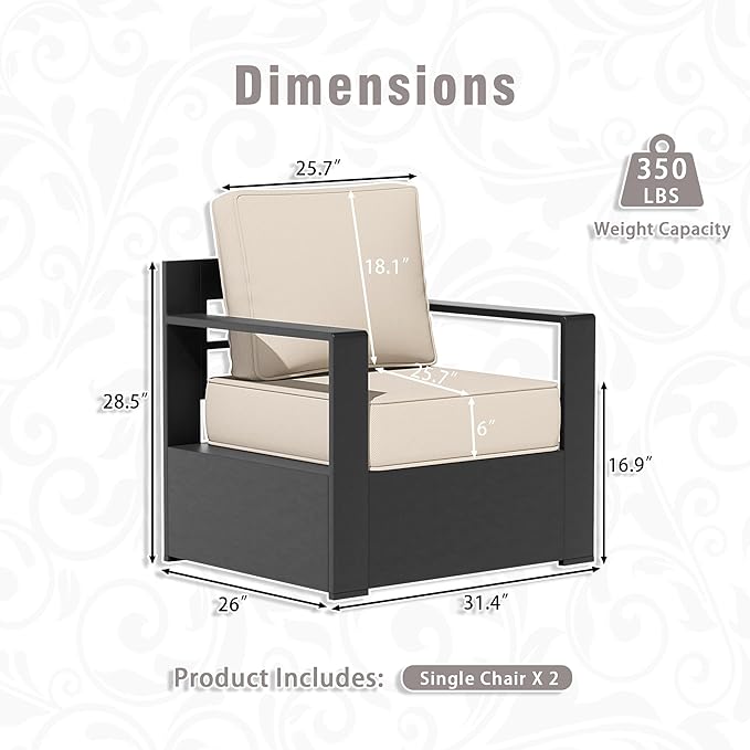 Aluminum Patio Chair - Outdoor Chair with 6" Thick Water-insistant Cushions, All-Weather Use Frame, Removable Cover, Ideal for Garden, Poolside (Beige)