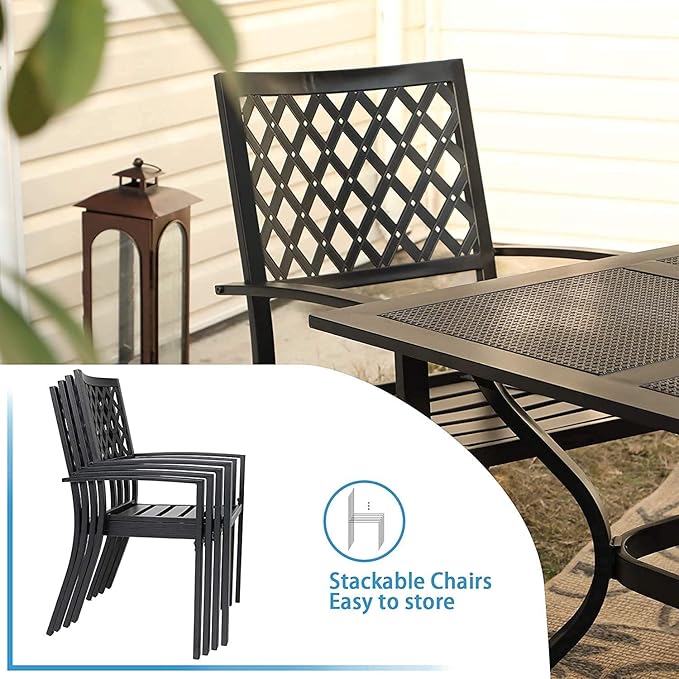 PHI VILLA 7-Piece Outdoor Dining Set, Rectangular Metal Table (64") with Umbrella Hole and 6 Stackable Dining Chairs – Perfect for Patio, Garden, Deck, Porch, and Yard, 7PCS Outdoor Dining Set Style 1