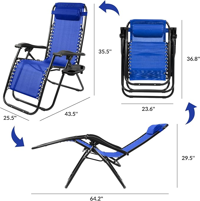 Elevon Zero Gravity Chair Set of 2 with Cup Holder & Removable Pillows, Adjustable Reclining Outdoor Patio Folding Chairs Portable Lounge Chair Furniture for Poolside, Lawn, Beach, Camping, Blue