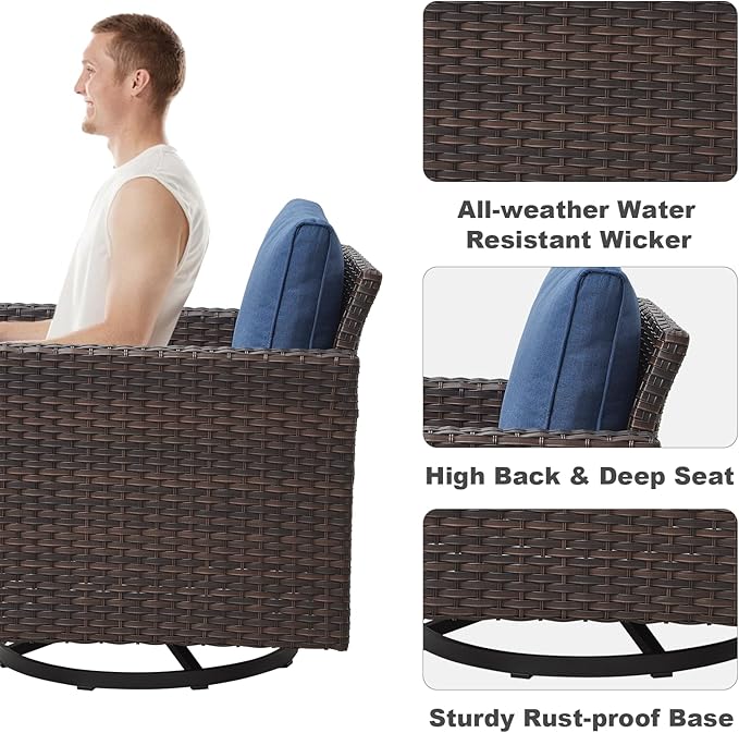 Luxury Outdoor Swivel Patio Chairs Set of 4, Wicker Swivel Outdoor Chairs Set of 4, 4 Piece Patio Furniture Set for Porch, Deck, Sunroom, Yard, Poolside, Brown/Blue