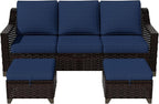 Vista Vibe 3 Pieces Outdoor Patio Conversation Furniture Set - 78" 3-seat Sofa | 2 Wicker Ottomans, Deep Seat Loveseat with Removable Cushions, Hand-Woven PE Rattan Couch, Lawn (Brown/Navy)