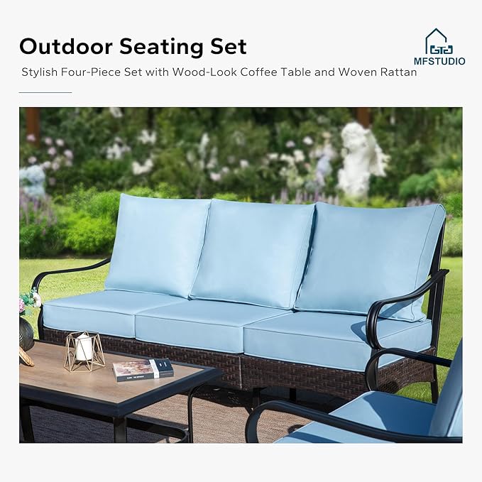 MFSTUDIO 4 Pieces Outdoor Patio Furniture Set, Metal Outdoor Conversation Set, Rattan Wicker Patio Sectional Set with 2 x Swivel Single Sofa, 3-Seat Sofa, 1 x Fire Pit Table, Blue