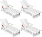 Patio Chaise Lounge Chair Set of 4, HDPE Outdoor Lounge Chairs with 5-Position Adjustable Backrest, Cup Holder and Wheels, 450lbs Capacity for Poolside Deck Backyard, All Weather Material(White)