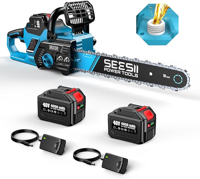 SEESII 40V 16-Inch Cordless Chainsaw: Brushless Electric Chain Saws with 2×4.0Ah Batteries & Charger, Tool-Free Chain Tension, Auto Oiling, for Tree Trimming, Wood Cutting, Yard Work