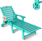 Lounge Chair Outdoor, Chaise Lounge, HDPE 6-Position Outdoor Chaise Lounge, Patio Lounge Chair with Wheels & Cup Holder for Pool Poolside Deck Backyard, Lake Blue
