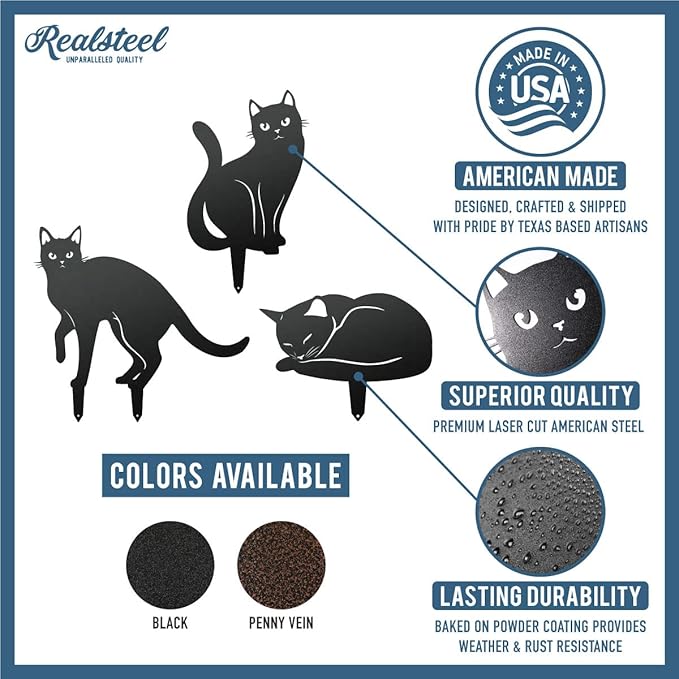 RealSteel - Garden Art Cats 3 Pack 2nd Edition - Cat Sculptures & Statues - Outdoor Yard Decorations for Cat Lovers - Zen Garden Accessories - Feline Kittens to Adorn Your Patio (Black)