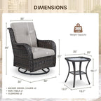 Patio Swivel Chairs with Smile-Shaped Cushions, 3 Piece High Back Patio Swivel Glider Chairs with Side Table 3PCS PE Rattan Luxury Patio Conversation Set Brown Wicker | Beige Cushions