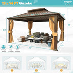EROMMY 12'x14' Gazebo Hardtop, Galvanized Steel Double Roof Metal Gazebo with Aluminum Frame, Permanent Outdoor Pavilion with Curtain and Netting for Patio, Lawn and Garden, Brown