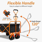 TAIFA Foldable Collapsible Wagons Cart with Extra Long Tailgate, Portable Beach Utility Wagon with Big Wheels and Brakes for Sand Shopping Camping Sports Outdoor, Black and Orange