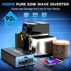 2500W Pure Sine Wave Inverter with Transfer Switch, 12V DC to 120V AC Converter with 2AC Outlets, USB Port, Type-C Port, Remote Controller, Power Inverter for RV, Outdoor, Auto Swtich to Shore Power