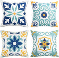 Outdoor Waterproof Throw Pillow Covers Set of 4 Floral Printed and Boho Farmhouse Outdoor Pillow Covers for Patio Funiture Garden 20x20 Inch Blue