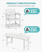 5-Piece Outdoor Dining Furniture Set with Chairs, All-Weather HDPE Patio Table and 4 Chairs, Umbrella Hole, for Garden Backyard or Deck - White