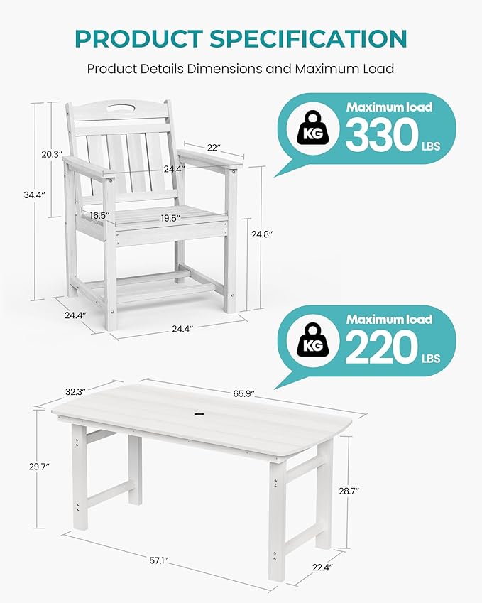 5-Piece Outdoor Dining Furniture Set with Chairs, All-Weather HDPE Patio Table and 4 Chairs, Umbrella Hole, for Garden Backyard or Deck - White
