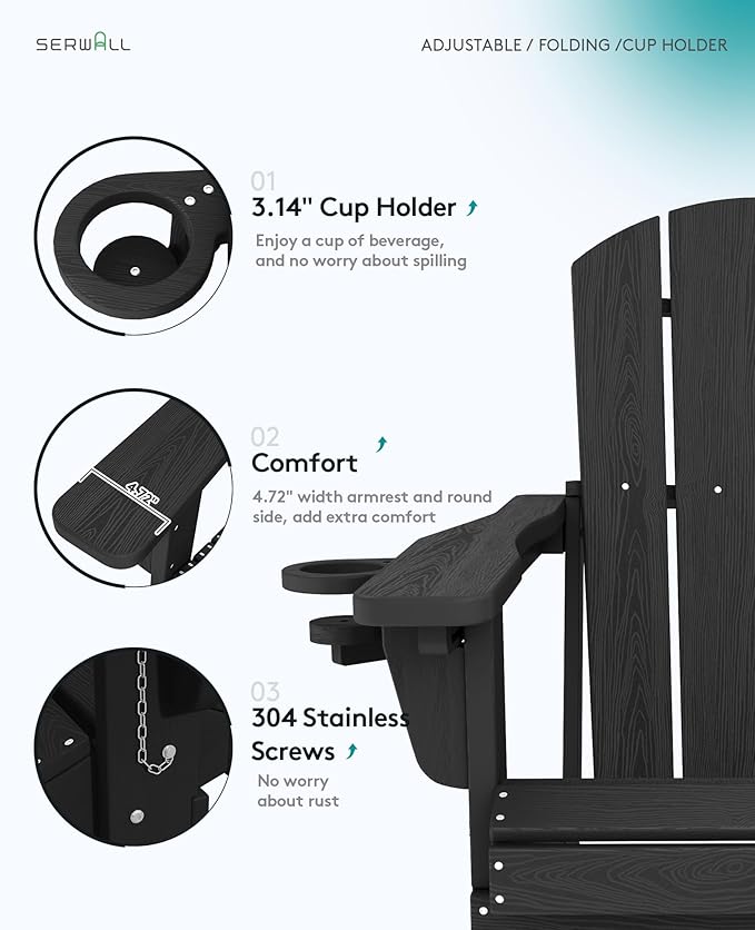 SERWALL Folding Adirondack Chair Set of 8, Adjustable Adirondack Chair with 3 Recline Positions, All Weather HDPE Outdoor Adirondack with Cup Holders, Black