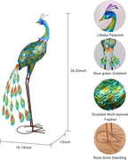 YEAHOME Garden Decor Outdoor Statues, 34" Large Metal Peacock Standing Yard Art, Blue Green Bird Lawn Sculptures Garden Decor for Outside Patio Porch Backyard