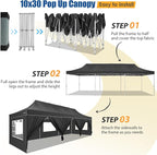HOTEEL 10x30 Pop up Canopy Tent for Parties, Heavy Duty Easy Setup Tent with 8 Sidewalls, Outdoor Commercial Instant Gazebo for Wedding Event, with Portable Bag & Sand Bags, Black(Hexagonal Frame)