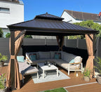PURPLE LEAF Hardtop Gazebo 12' X 12' Metal Roof with Netting and Curtains Hard Top Backyard Patio Gazebos Permanent Canopy Deck Garden Hot Tub Outdoor Pavilion