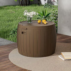 ZZM 33 Gallon Round Deck Box, Patio Side Table for Cushion, Picnic Bucket, Small Bench Seat, All-Weather & Portable, Brown