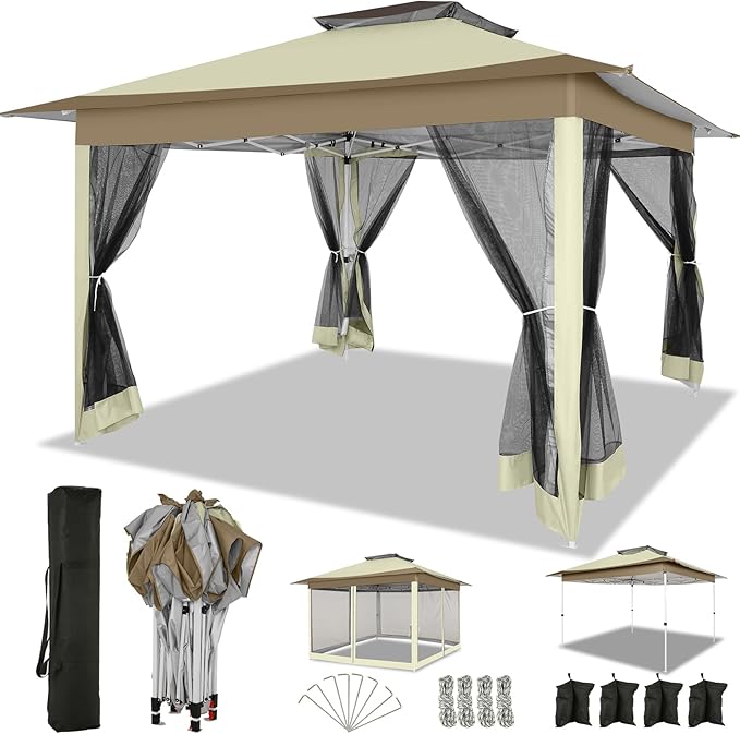 COBIZI 12x12 Pop up Gazebo on Clearance with Mosquito Netting & Sandbags, Outdoor Canopy Tent with 4 Ropes 8 Stakes & Portable Carrying Bag, Patio Portable Gazebo for Garden Backyard & Lawn,Khaki