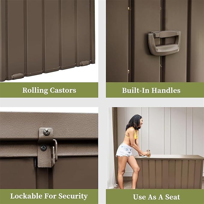 120 Gallon Outdoor Deck Box Lockable Metal Indoor Outdoor Storage Container with Side Handle, Waterproof Storage Box with Rolling Castors for Patio Garden Tools, Pools Equipment, Cushions, Brown
