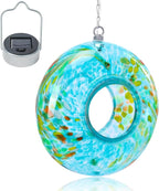 VCUTEKA Bird Feeder Solar Fly Through Bird Feeders for Outside Hanging with Round Shape Glass Container to Attract Wild Birds for Garden Decor, Blue 8"