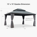 PURPLE LEAF 13' X 15' Permanent Gazebo with Metal Roof Outdoor Hardtop Gazebo for Patio Lawn and Garden Curtains and Netting Included Grey