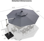 PURPLE LEAF 12ft Patio Umbrella With Base Solar powered LED Cantilever Umbrella with LED lights Windproof Outdoor Offset Umbrella for Garden Deck Pool Patio, Grey