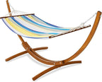 Lazy Daze Hammocks Cotton Fabric Spreader Bar Hammock and 10.5 Ft Wood Arc Hammock Stand Combo, for Outdoor, Indoor, Patio, Backyard, Blue and Yellow