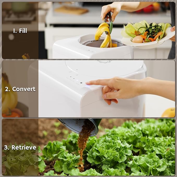 Airthereal Revive R500 Electric Kitchen Composter, SHARKSDEN® Tri-Blade, Turn Food Waste and Scraps into Natural Fertilizer for Plants, Glossy Pearl White
