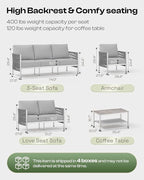 Aluminum Outdoor Patio Furniture Set, HDPE Rope 5 Piece Modern Sectional Conversation Sets with Dual-Layer Coffee Table, All Weather Patio Couch Sofa with Thick Cushions, Silver Frame, Silver