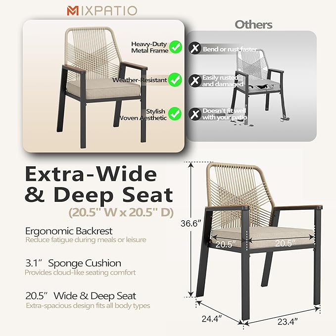 7 Pieces Outdoor Dining Set for 6, Patio Dining Set Wicker Rattan Chairs with Soft Cushion and Metal Rectangular Table, Wicker Patio Table and Chairs for Backyard Porch