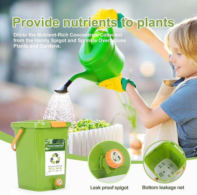 Compost Bin Outdoor, 21 L Garden Composting Bin Bags, Breathable Screen Window Reusable Garden Yard Waste Bags Speed Up Composting & Reduce Odors, Indoor Small Kitchen Compost Bin with Lid, Green