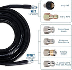 100FT Sewer Jetter Kit for Pressure Washer, 5800PSI Water Jet Durable Drain Cleaner Hose 1/4 Inch NPT Corner with 4 Specialized Nozzles，Waterproof Tape, Pearl Corsage Pin, Handle Strap & 2 Spanners