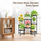 LASZOLA 7 Tiered Folding Plant Stand Indoor for Multiple Large Planter, Tall Heavy Duty Adjustable Rack with Rust Proof 10 Inch Wide Tray, Sturdy Vertical Tree Organizer for Narrow Inside Floor, Black