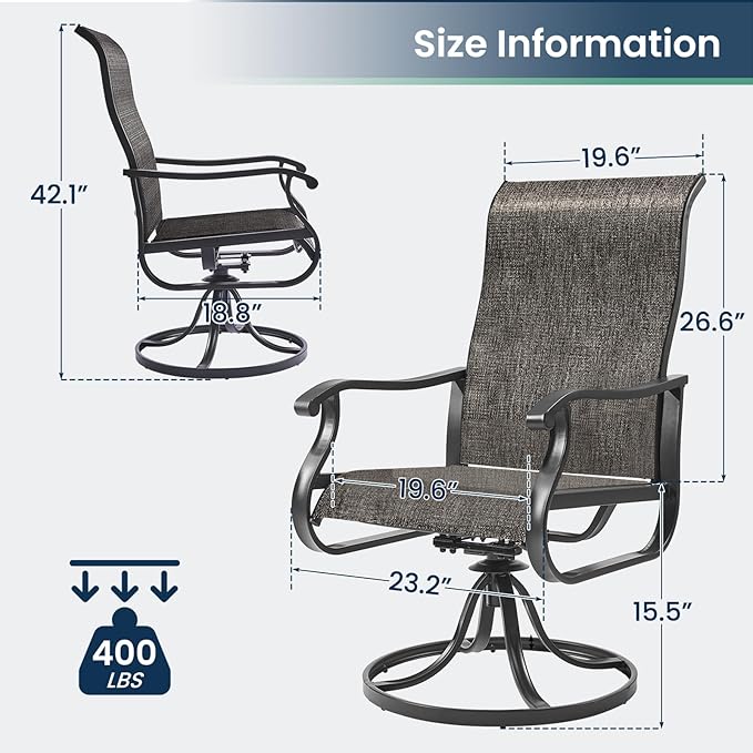 Amopatio Patio Swivel Chairs Set of 2, Outdoor Swivel Rocker Dining Chairs with All Weather Textilene High Back & Metal Frame, for Backyard Deck Lawn Garden, Dark Grey