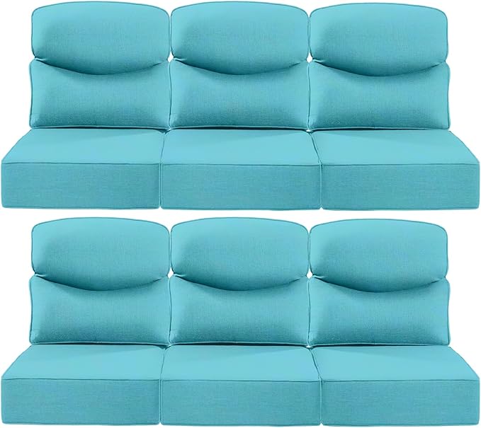 Luxury 24x24x6 Inch Smile Patio Cushions for Outdoor Furniture Set of 6 - Thick Back & Deep Seat Outside Chair Pillows for Rattan Metal Glider Loveseat Sectional Sofa - Turquoise