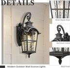 Outdoor Wall Sconce Lights Black Anti-Rust Wall Mount Light with Water Ripple Glass Aluminum Exterior Lights for Garager Doorway and Patio E26 Socket and Waterproof