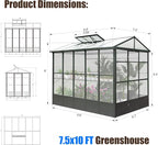 Domi 8x10FT Greenhouse, Polycarbonate Green House with Fully Auto Temperature Control Vent, Outdoor Full Aluminum Heavy Duty Greenhouse with Extra 8FT Walk-in Height for Garden Backyard, Dark Grey