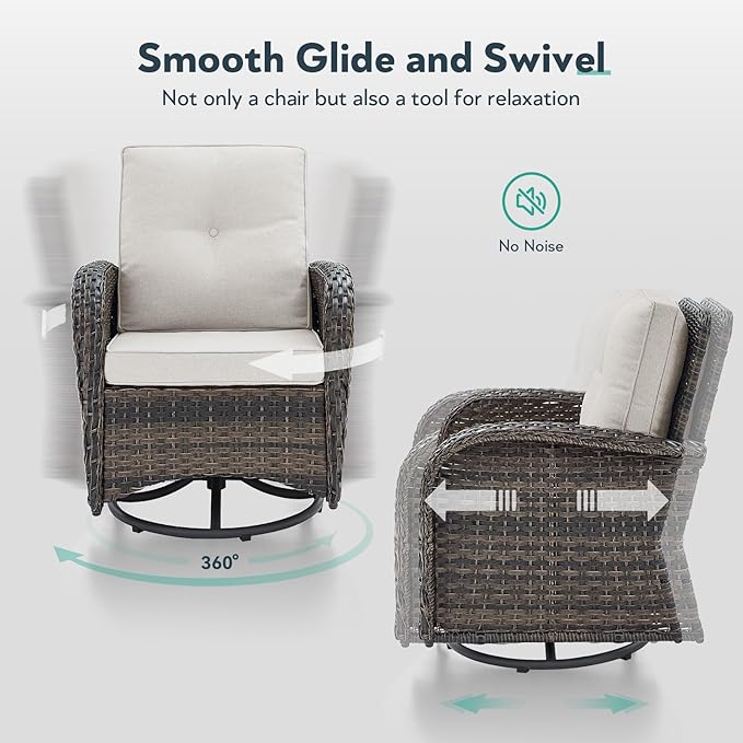2 in 1 Porch Glider Swivel Chair - Wicker Patio Furniture Outdoor Swivel Rocker Chair with Thick Cushions, 300 Lb Weight Capacity Patio Swivel Glider Seating - Brown Wicker, Beige Cushions