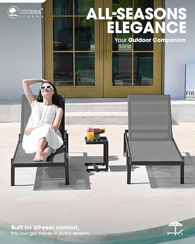 Aluminum Chaise Lounge Chair Outdoor with Wheels, Patio Lounge Chair with Adjustable 5-Position Recliner and Full Flat Tanning Chair for Patio, Beach, Pool, Grey