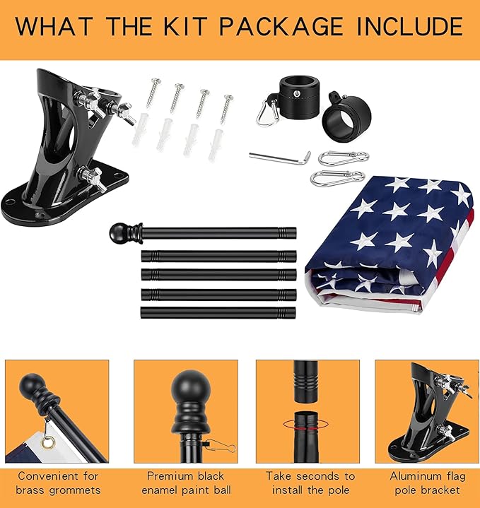 American Flag Pole Kit for House Outside - Black Metal Flagpole 6 FT with Tangle Free Design - 3x5 Embroidered US Flag, Holder Bracket, Ultra Durable Steel for Porch, Tree and More Residential