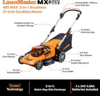 LawnMaster CLMF4821A Cordless Lawn Mower Brushless 48V MAX* 21Inch 3-in-1 Function Up to 1/2 Acre with 4X24V MAX* 4.0Ah Battery and a Dual Charger