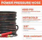 5/16" Pressure Washer Hose 75 FT×3/8 Inch 4500psi for Cold and Hot Water Max 140°F With 3/8 Inch Quick Connect Kink Resistant High Tensile Wire Braided