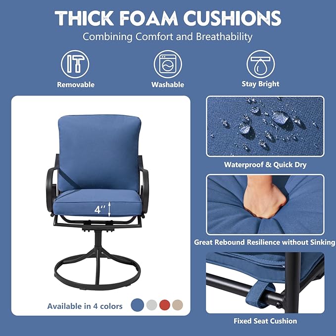 MELLCOM Patio Swivel Chair Set of 4, Heavy Duty Outdoor Dining Chairs with Thickened Cushions, Metal Patio Chairs Gentle Rocker for Outside, Garden Lawn & Porch, Backyard, Blue