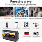 1500W Pure Sine Wave Inverter (3000W Peak), 12V/24V Auto-Detect, 50Hz/60Hz Switchable, LCD Display, Type-C Fast Charging, Silent Design, Overload & Overheat Protection for RV, Home (Black-1500W)