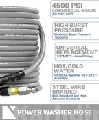 Pressure Washer Hose 50FT 3/8" for Cold and Hot Water 212°F, with Swivel Quick Connect, 4500PSI Kink Resistant Grade Steel Wire Braided, Power Washer Hose With 2pcs M22-14mm Adapter