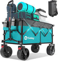 Collapsible Wagon Cart with Big All-Terrain Beach Wheels, Foldable Heavy Duty Wagons with Cup Holders, Utility Carts for Camping, Garden, Outdoor, Grocery, Sports. Turquoise